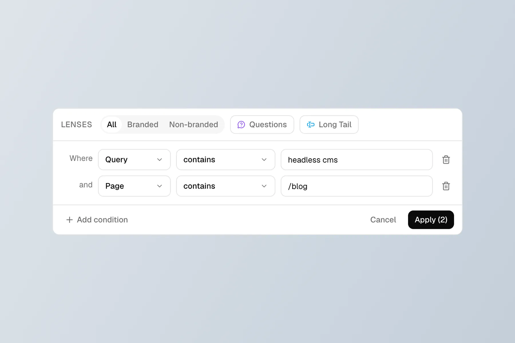 Query workbench with stackable filters and preset lenses