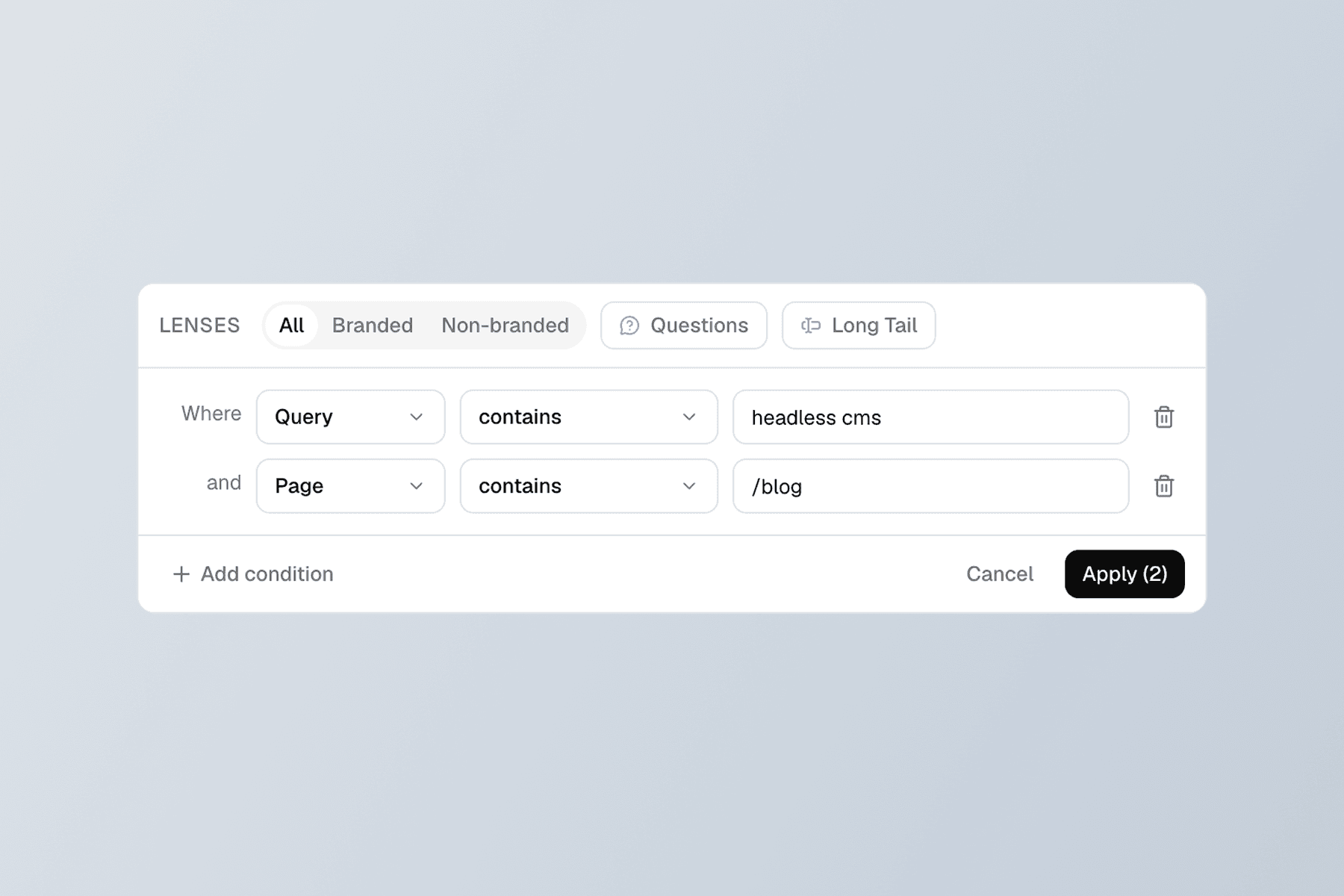 Query workbench with stackable filters and preset lenses